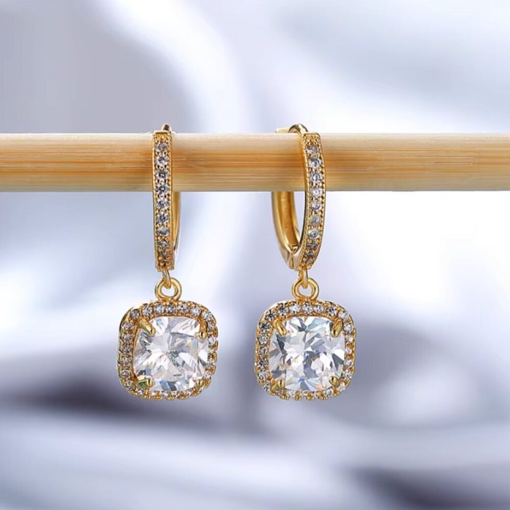 NEW 14k Yellow Gold Diamond Hoop Earrings Cushion Cut Drop Earrings